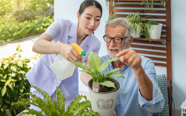 Caregiver,Help,Assist,Senior,Old,Man,Eldery,Puring,Water,And